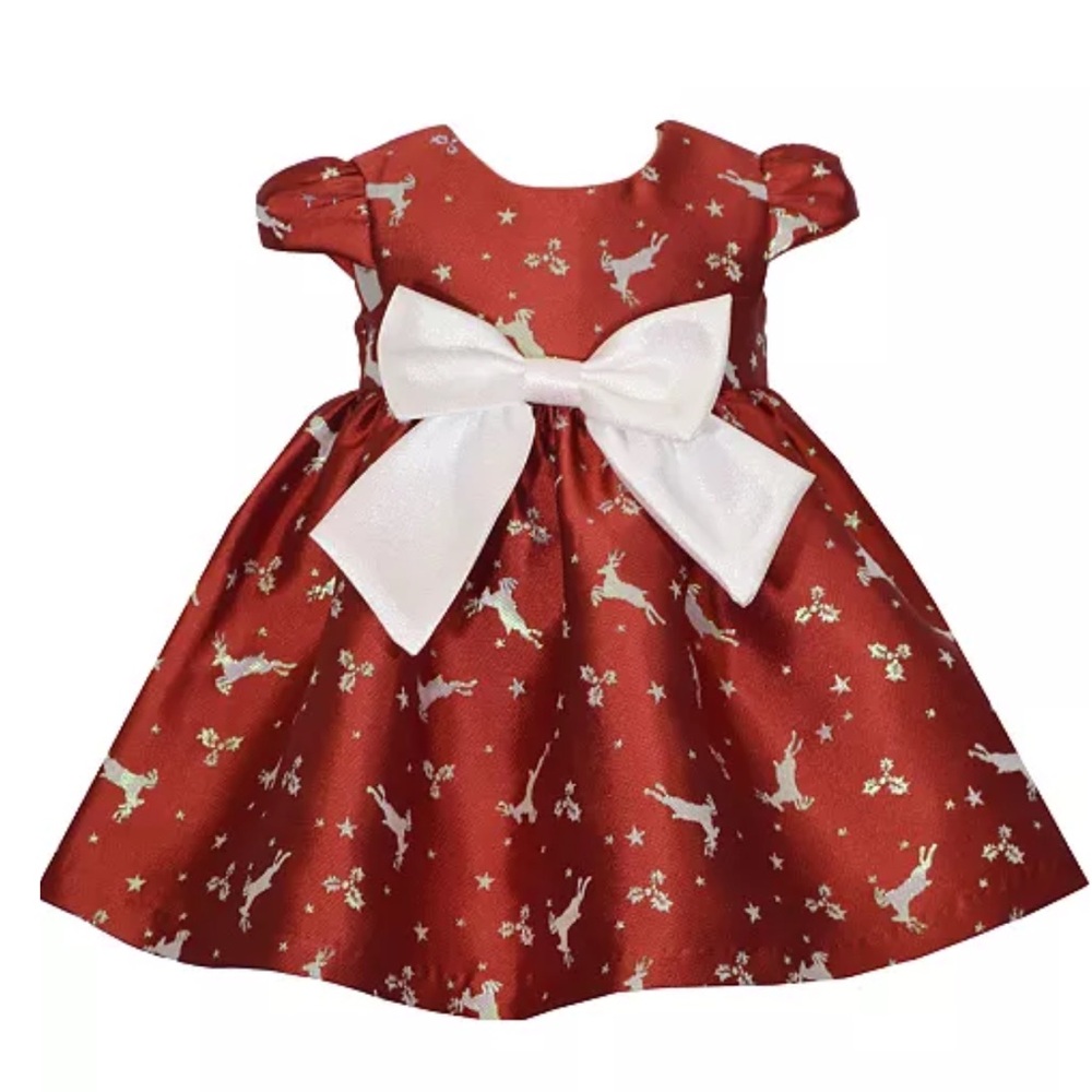 Bonnie Jean Girls Red Short Sleeve Reindeer Jacquard Party Dress Size 6